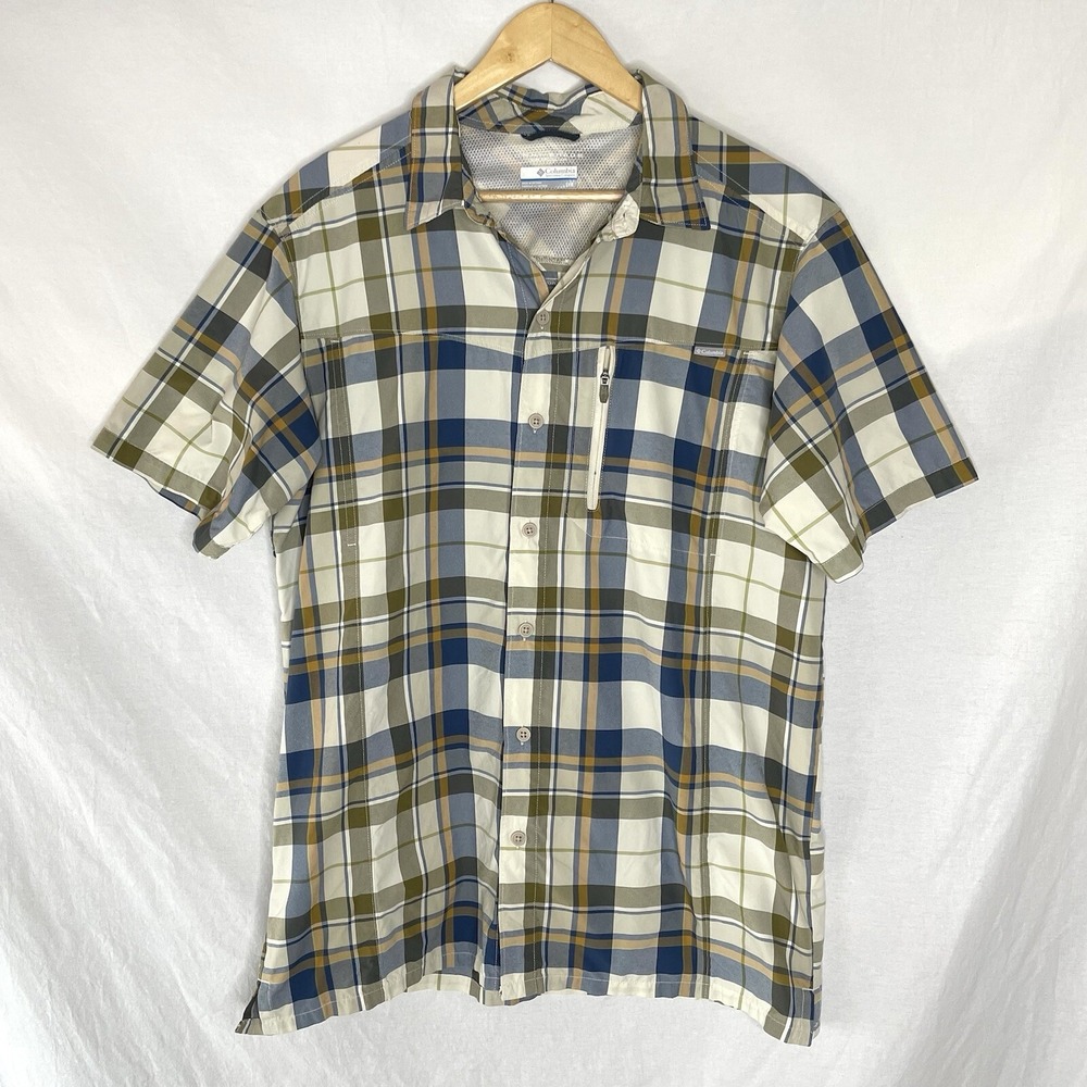 Columbia Shirt Mens L Large Plaid Fishing Camping Zip Pocket Sun Protection